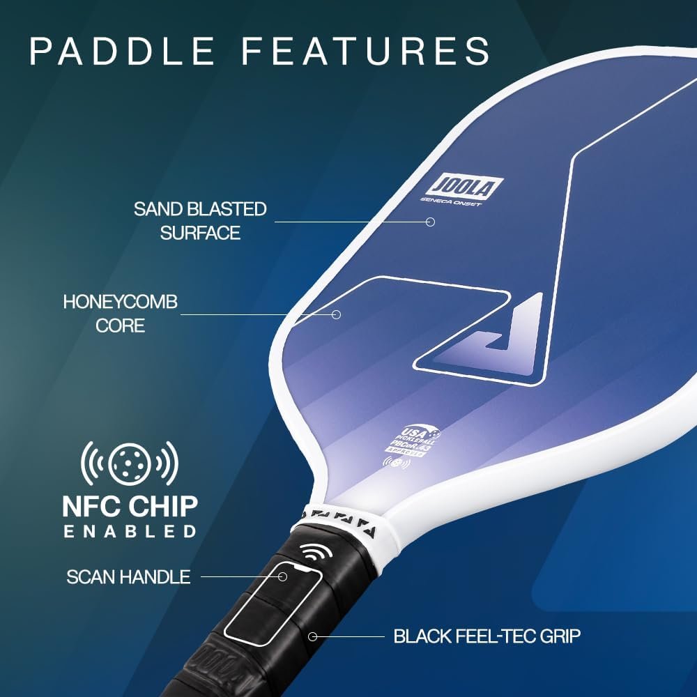 JOOLA Seneca Onset Pickleball Paddles Set of 2 - Includes: 2 Pickleball Paddles, 4 Balls & Sling Bag - Lightweight USAPA Approved Sand Blasted Surface Paddle for Increased Spin, NFC Chip Enabled