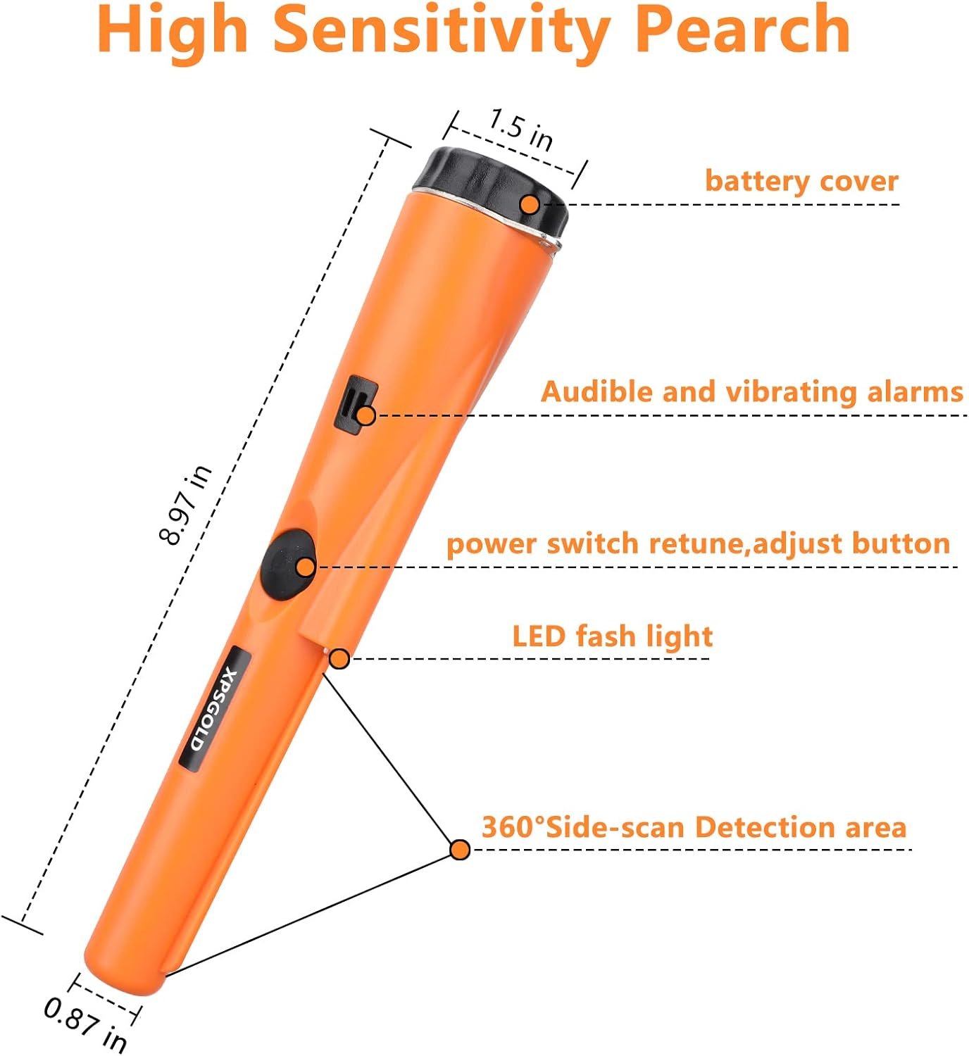Metal Detector Pinpointing,Waterproof Pinpointer 360 Degree Search Gold&Treasure Finder with Belt Holster &LED Indicator& Buzzer Vibration, for Adults and Kids (Orange) - Image 4