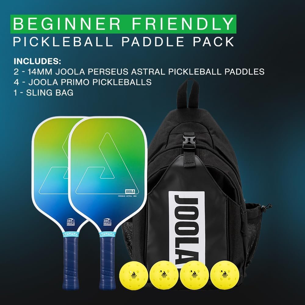 JOOLA Perseus Astral Pickleball Paddles Set of 2 - Includes: 2 Pickleball Paddles, 4 Balls & Sling Bag - Cold Press Carbon Surface - Lightweight, Beginner Friendly - USAP Approved - NFC Enabled