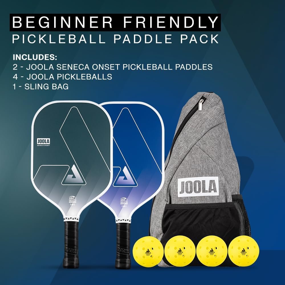 JOOLA Seneca Onset Pickleball Paddles Set of 2 - Includes: 2 Pickleball Paddles, 4 Balls & Sling Bag - Lightweight USAPA Approved Sand Blasted Surface Paddle for Increased Spin, NFC Chip Enabled