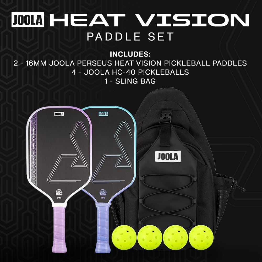 JOOLA Heat Vision Pickleball Paddles Set of 2 - Includes: 2 Pickleball Paddles, 4 Balls & Sling Bag - Lightweight USAPA Approved Carbon Fiber Paddle, Heat-Pressed Handle for Extra Stability, NFC Chip
