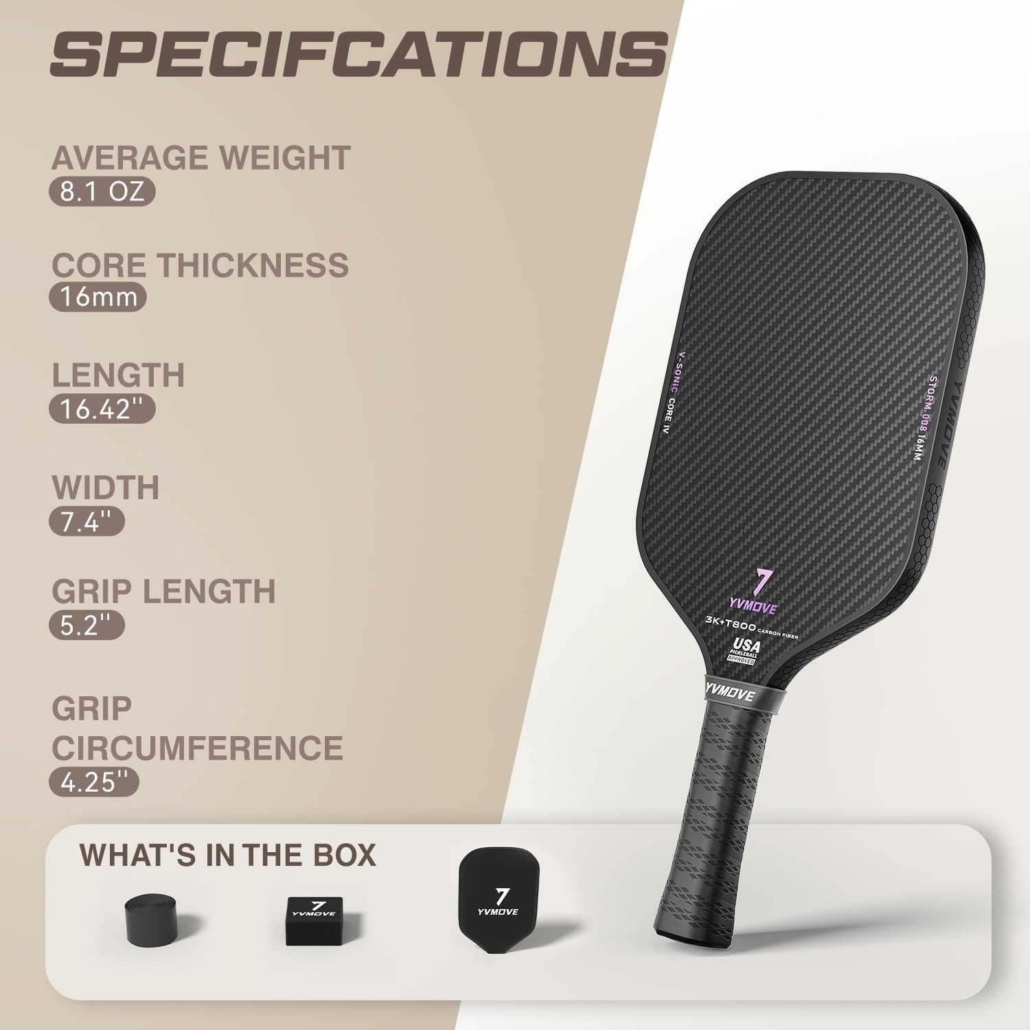 YVmove 16mm 18K T800 Carbon Fiber Pickleball Paddle, USAPA Approved - Image 8