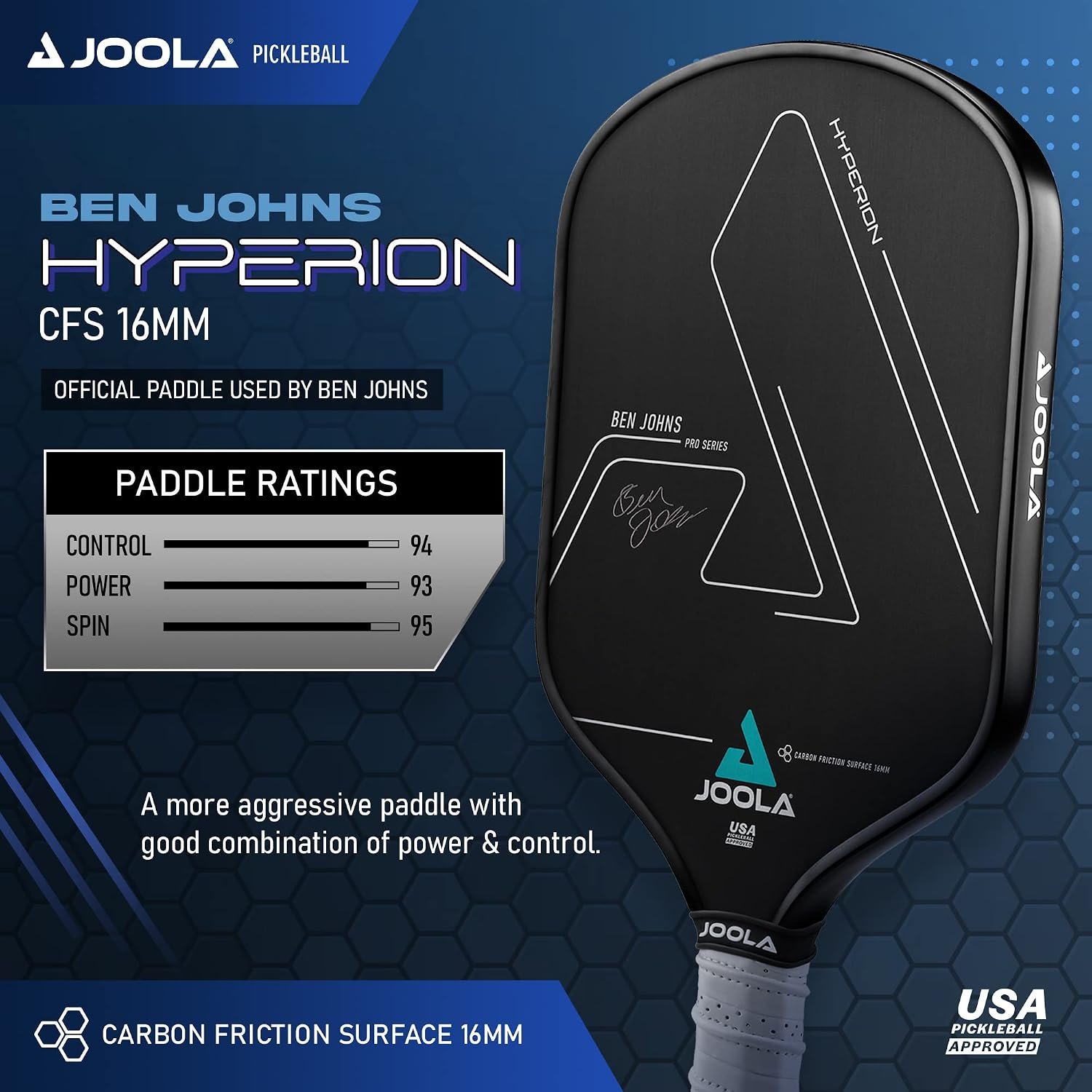 JOOLA Ben Johns Hyperion CFS Pickleball Paddle – Carbon Surface with High Grit & Spin, Elongated Handle, USAPA Approved Ben Johns Paddle - Image 2