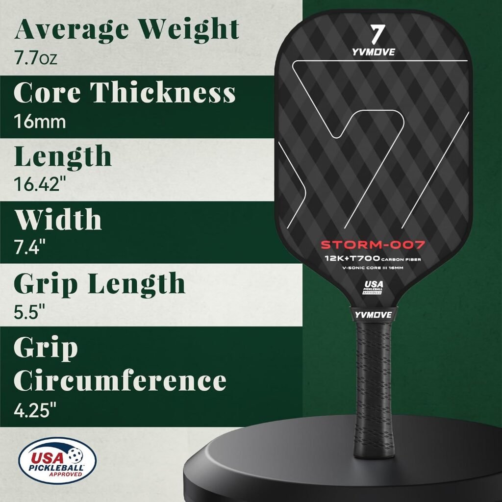 YVmove 16mm Kevlar T700 Carbon Fiber Pickleball Paddle, USAPA Approved