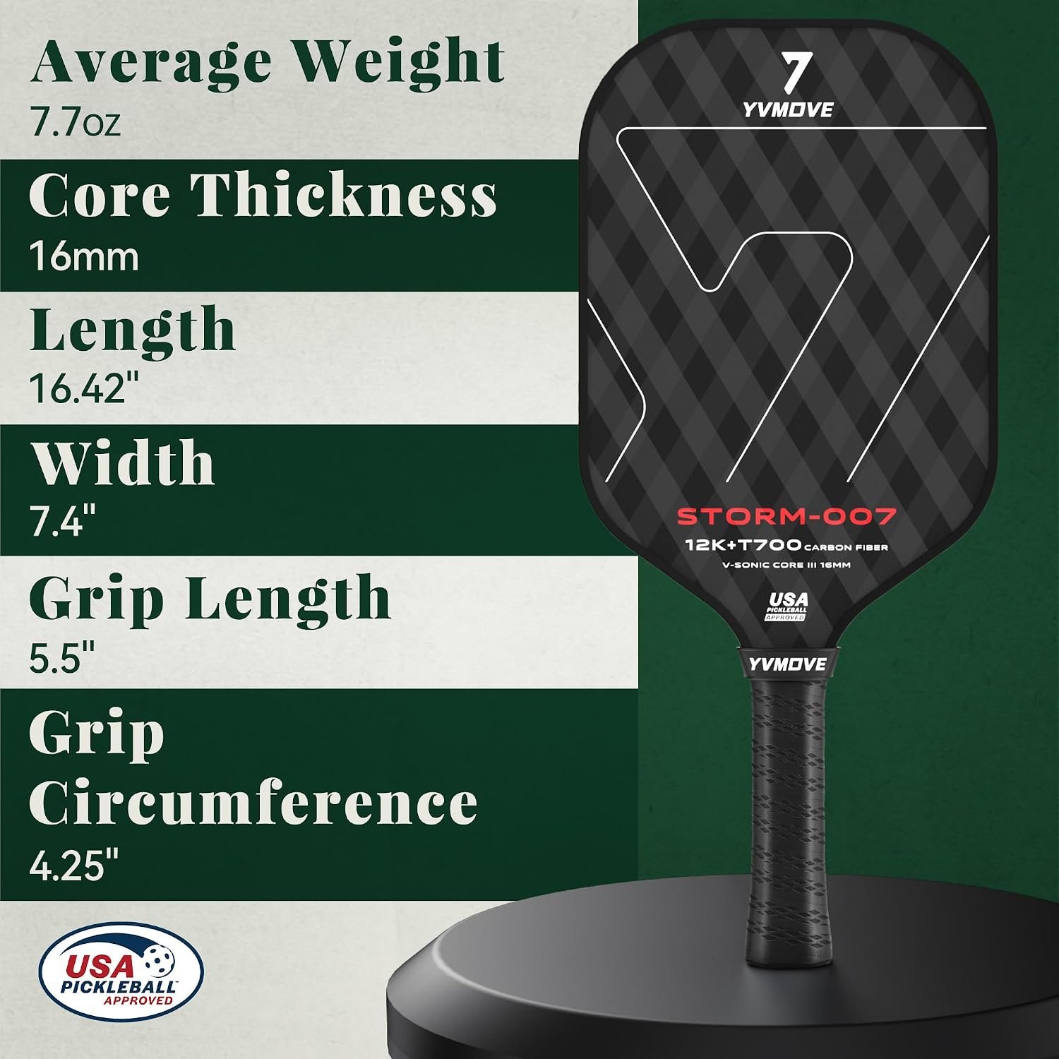 YVmove 16mm Kevlar T700 Carbon Fiber Pickleball Paddle, USAPA Approved - Image 7