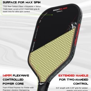 Nightblade Raw Carbon Fiber Pickleball Paddle, Foam Filled Polymer Honeycomb Core, UPA-A & USAPA Approved, Endura Friction Surface, Long Handle for Two Handed Backhand, Enhanced Impact Feel & Spin - Image 2