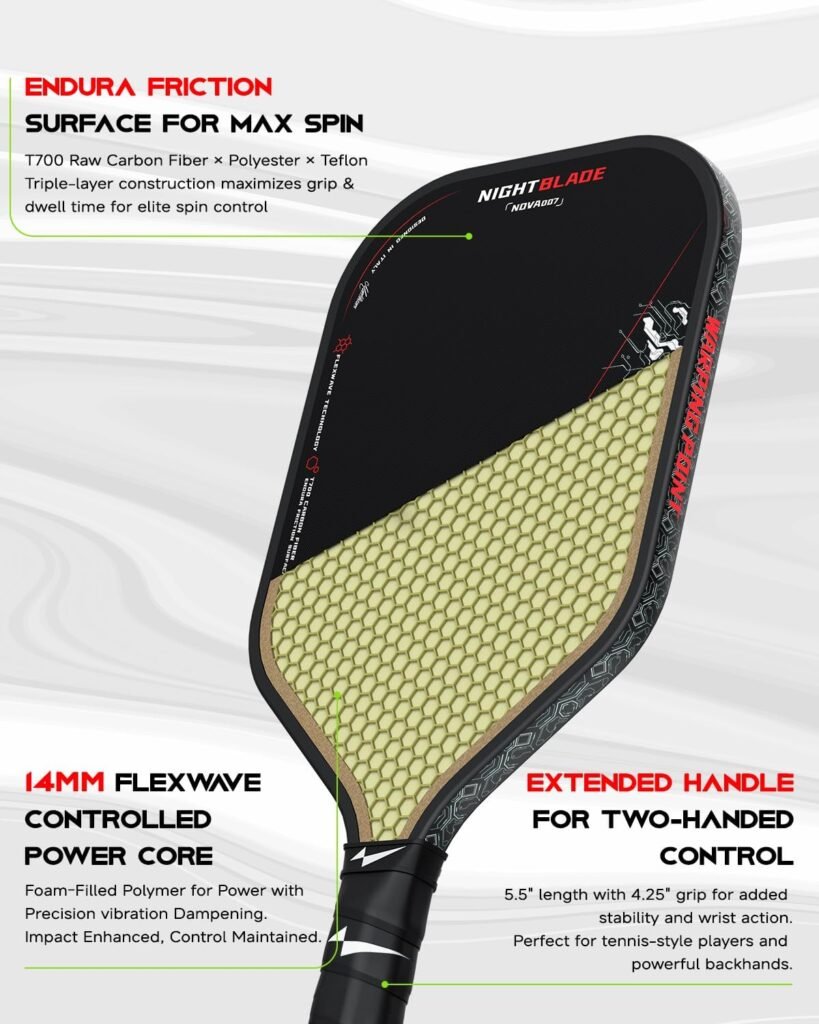 Nightblade Raw Carbon Fiber Pickleball Paddle, Foam Filled Polymer Honeycomb Core, UPA-A & USAPA Approved, Endura Friction Surface, Long Handle for Two Handed Backhand, Enhanced Impact Feel & Spin