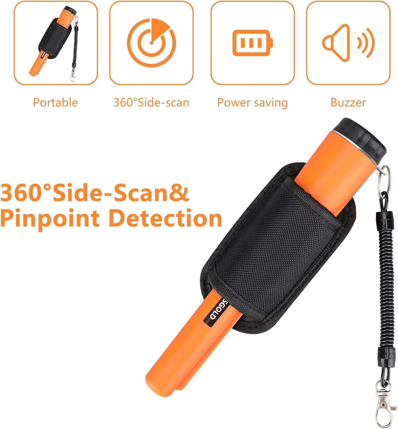 Metal Detector Pinpointing,Waterproof Pinpointer 360 Degree Search Gold&Treasure Finder with Belt Holster &LED Indicator& Buzzer Vibration, for Adults and Kids (Orange) - Image 2