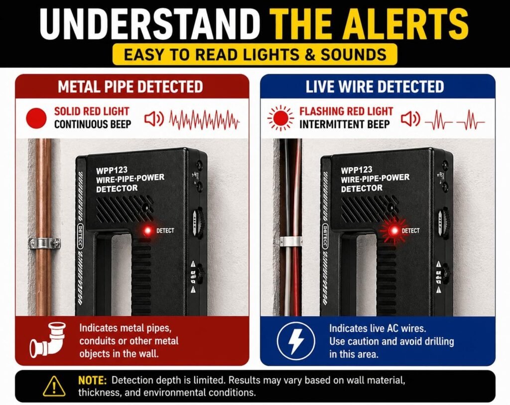 WPP123 Wire & Pipe Detector – Handheld Metal & Live AC Wire Scanner for Drywall with Sensitivity Control