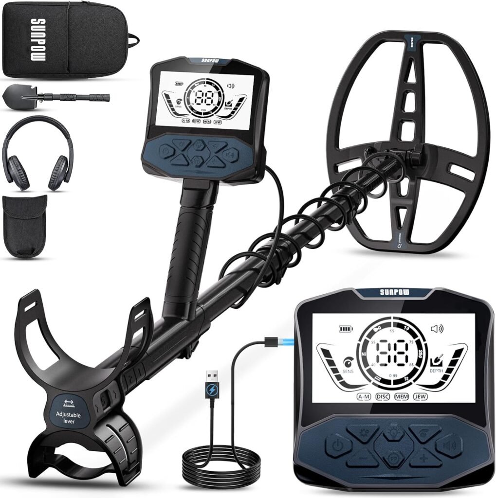SUNPOW Rechargeable Metal Detector for Adults, IP68 Waterproof 11" Double D Coil, Professional High Accuracy Gold Detector with Large Backlit LED Display for Beach, Field, Garden