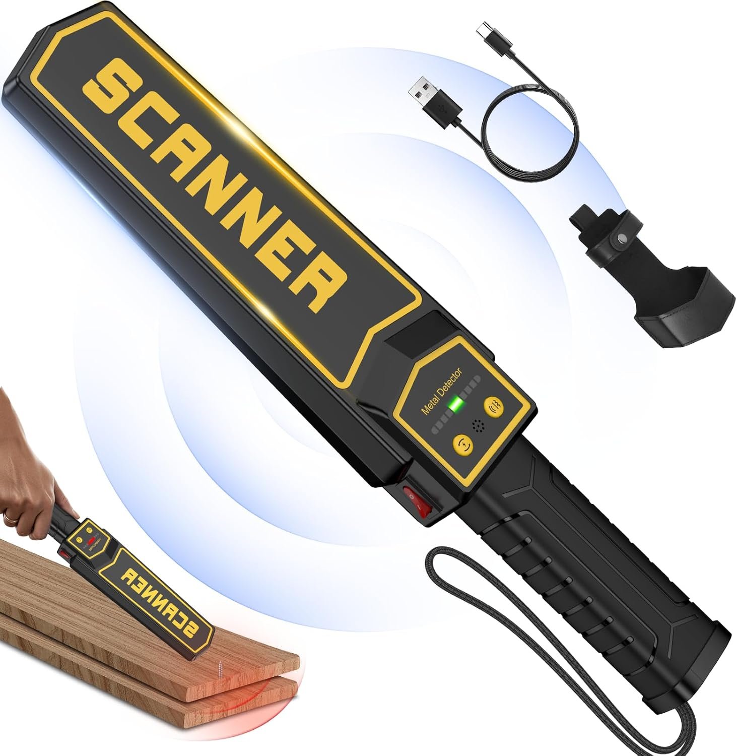 Rechargeable Handheld Metal Detector Wand, High Sensitivity Security Wand Metal Detector,Portable Nail Finder Scanner Woodworking Metal Detector for Logs Weapons Sound Vibration Alert Detects - Image 1