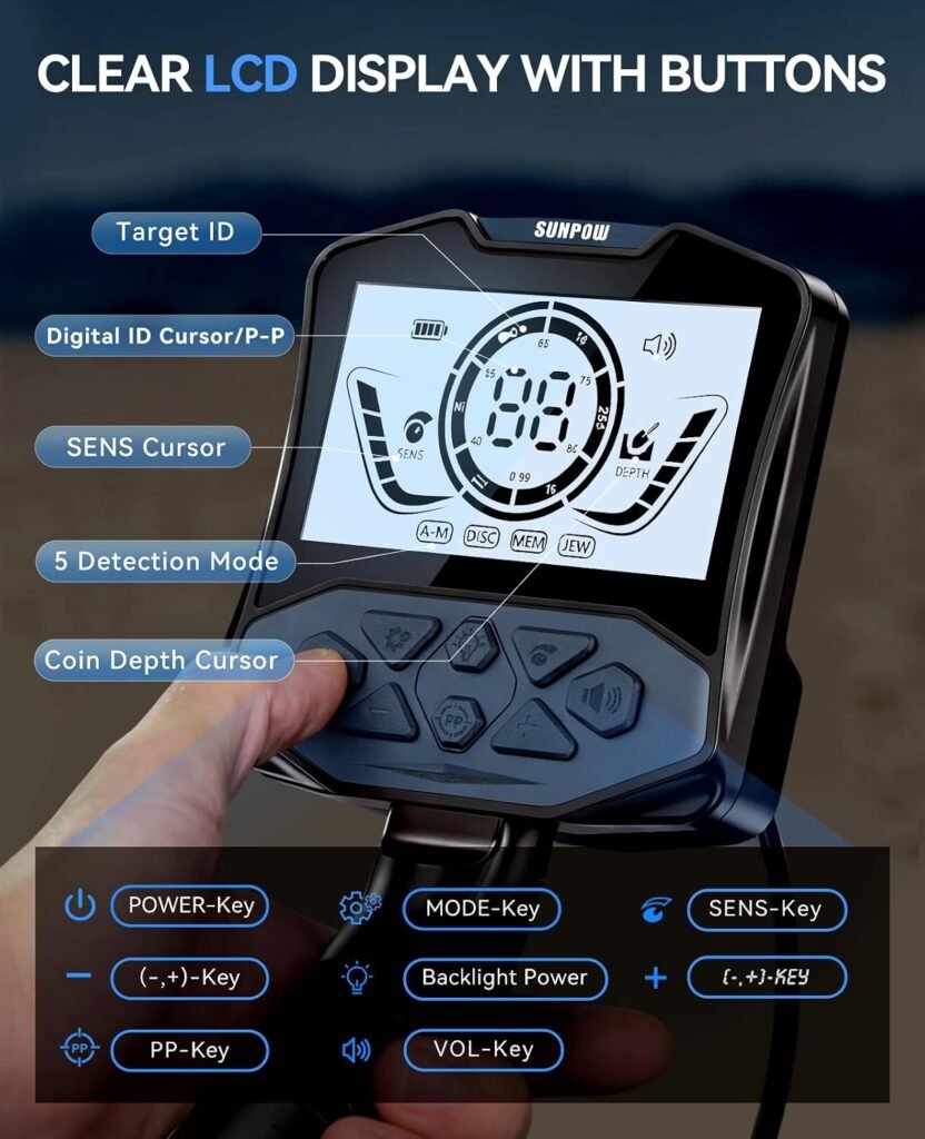 SUNPOW Rechargeable Metal Detector for Adults, IP68 Waterproof 11" Double D Coil, Professional High Accuracy Gold Detector with Large Backlit LED Display for Beach, Field, Garden