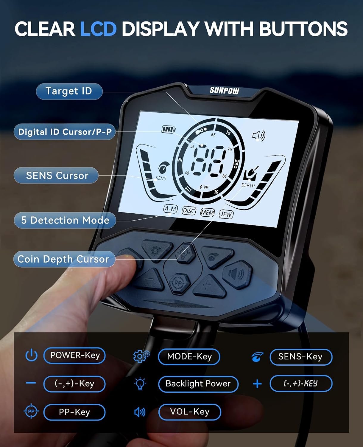 SUNPOW Rechargeable Metal Detector for Adults, IP68 Waterproof 11" Double D Coil, Professional High Accuracy Gold Detector with Large Backlit LED Display for Beach, Field, Garden - Image 2