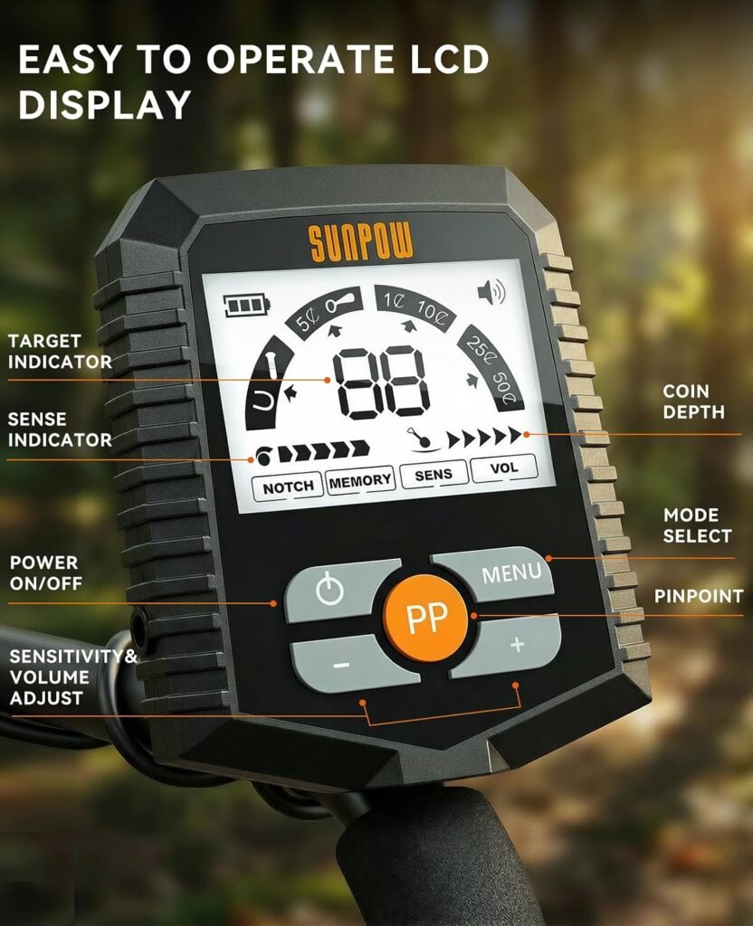 SUNPOW Metal Detector for Adults & Kids – Easy to Use & Assemble, Lightweight & Fun for Family Activities – Waterproof 8" Coil, 4 Modes, Bigger LCD – Great Value Metal Detector Kit, MD13