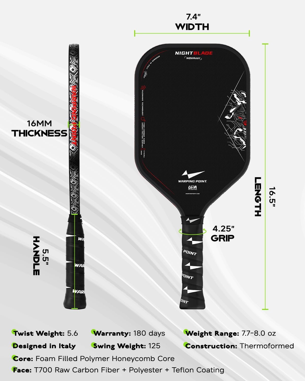 Nightblade Raw Carbon Fiber Pickleball Paddle, Foam Filled Polymer Honeycomb Core, UPA-A & USAPA Approved, Endura Friction Surface, Long Handle for Two Handed Backhand, Enhanced Impact Feel & Spin - Image 5