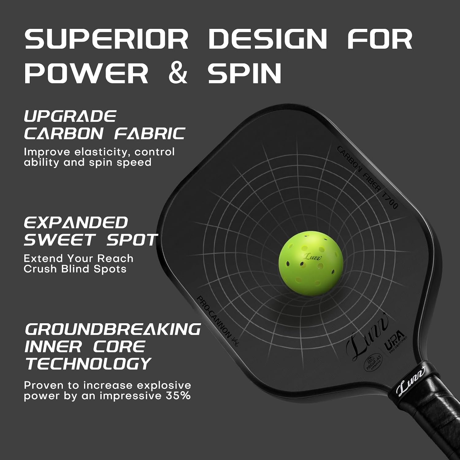 Luzz Pickleball Paddle Cannon Thermoformed T700 Carbon Fiber Honeycomb Core - Image 4
