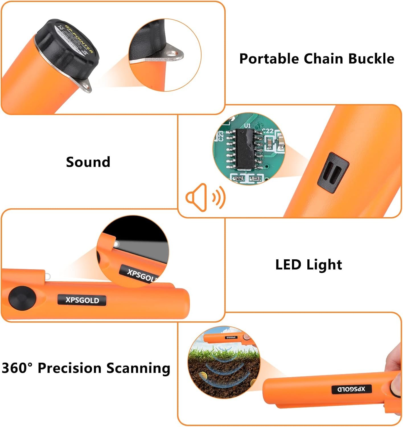 Metal Detector Pinpointing,Waterproof Pinpointer 360 Degree Search Gold&Treasure Finder with Belt Holster &LED Indicator& Buzzer Vibration, for Adults and Kids (Orange) - Image 5