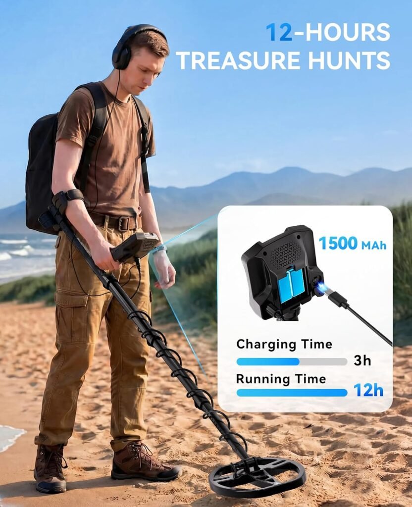 SUNPOW Rechargeable Metal Detector for Adults, IP68 Waterproof 11" Double D Coil, Professional High Accuracy Gold Detector with Large Backlit LED Display for Beach, Field, Garden