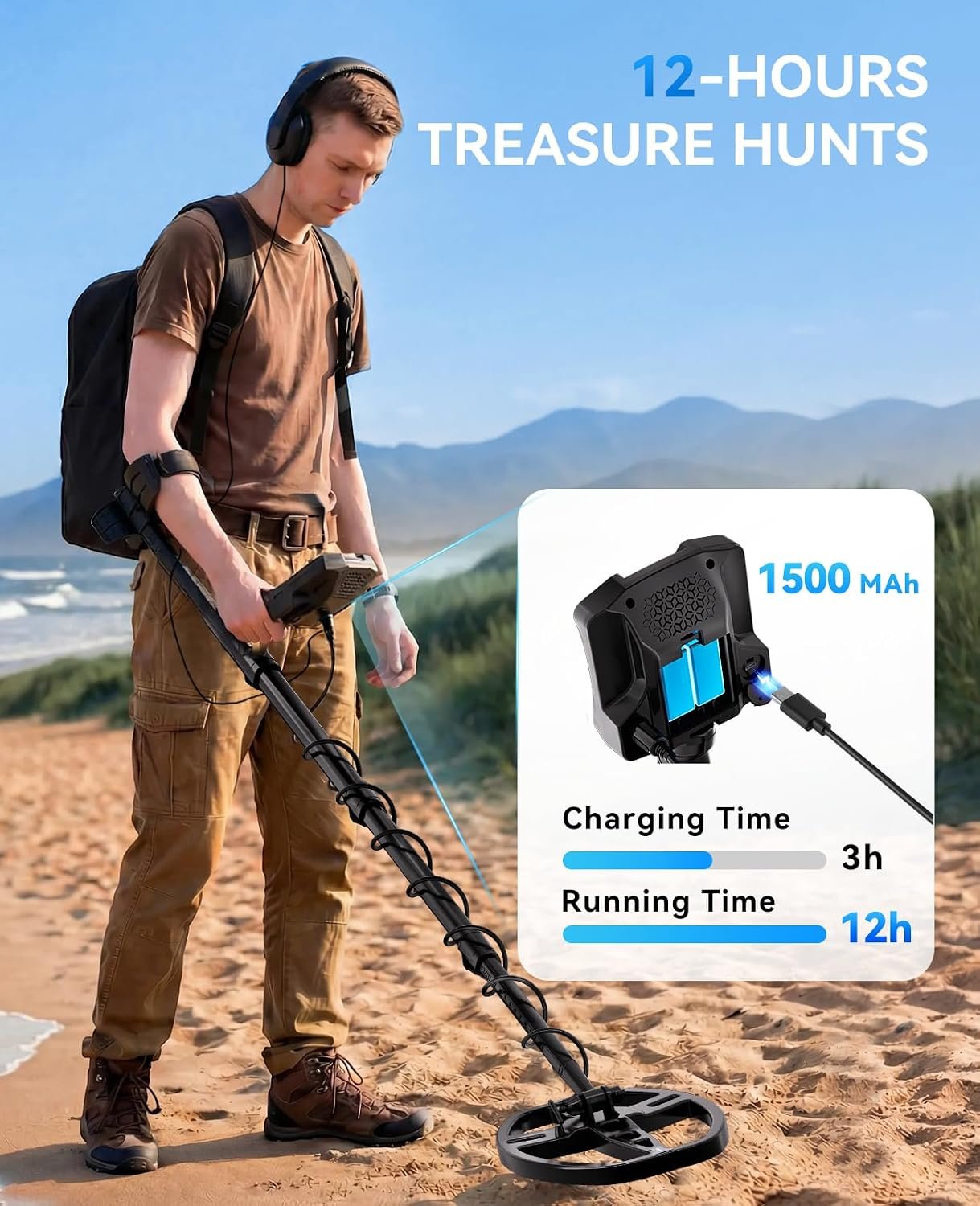 SUNPOW Rechargeable Metal Detector for Adults, IP68 Waterproof 11" Double D Coil, Professional High Accuracy Gold Detector with Large Backlit LED Display for Beach, Field, Garden - Image 3