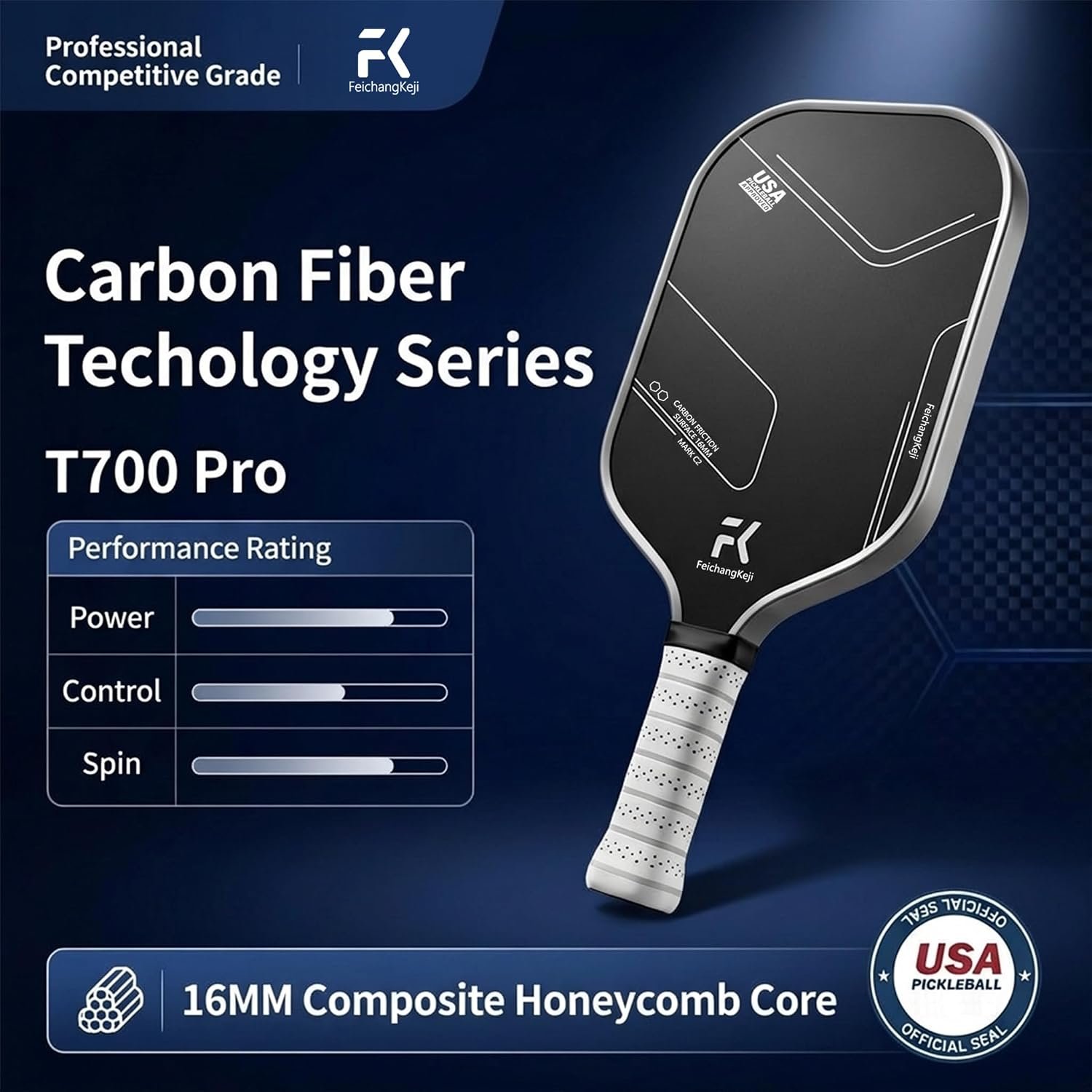 T700 Carbon Fiber Pickleball Paddle Set of 2, 16mm Polypropylene Honeycomb Core, Textured Surface for Spin & Control, Cushioned Grip, USAPA Approved - Image 3