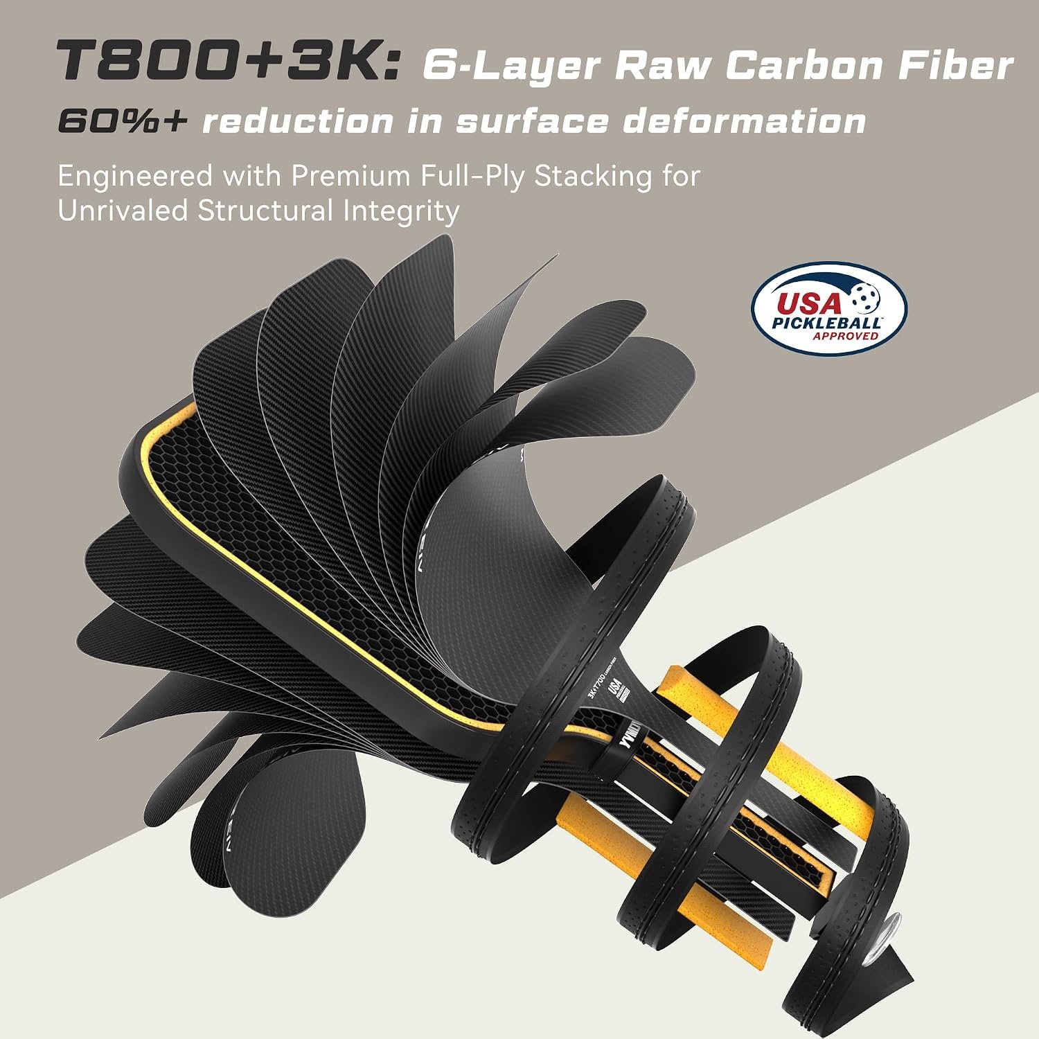 YVmove 16mm 18K T800 Carbon Fiber Pickleball Paddle, USAPA Approved - Image 2