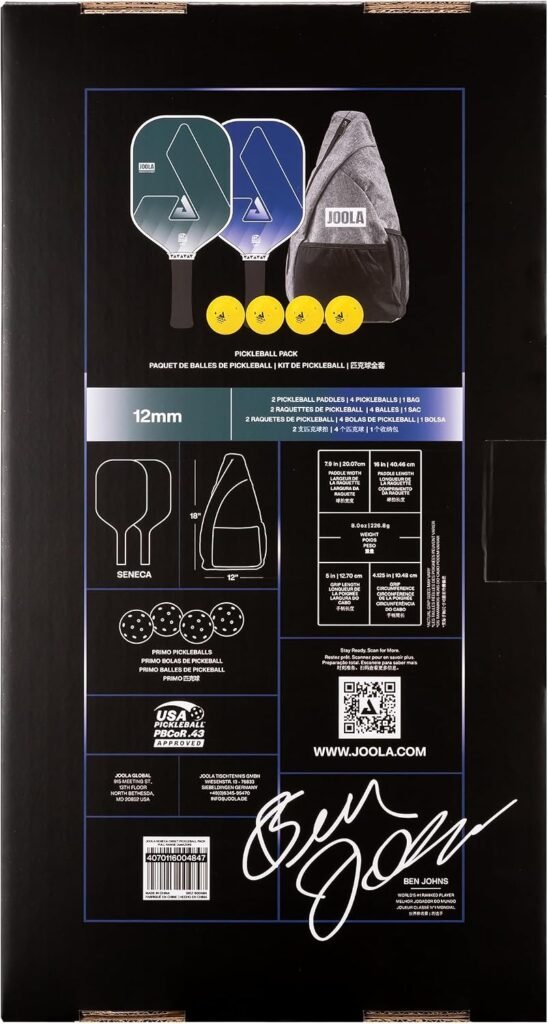 JOOLA Seneca Onset Pickleball Paddles Set of 2 - Includes: 2 Pickleball Paddles, 4 Balls & Sling Bag - Lightweight USAPA Approved Sand Blasted Surface Paddle for Increased Spin, NFC Chip Enabled