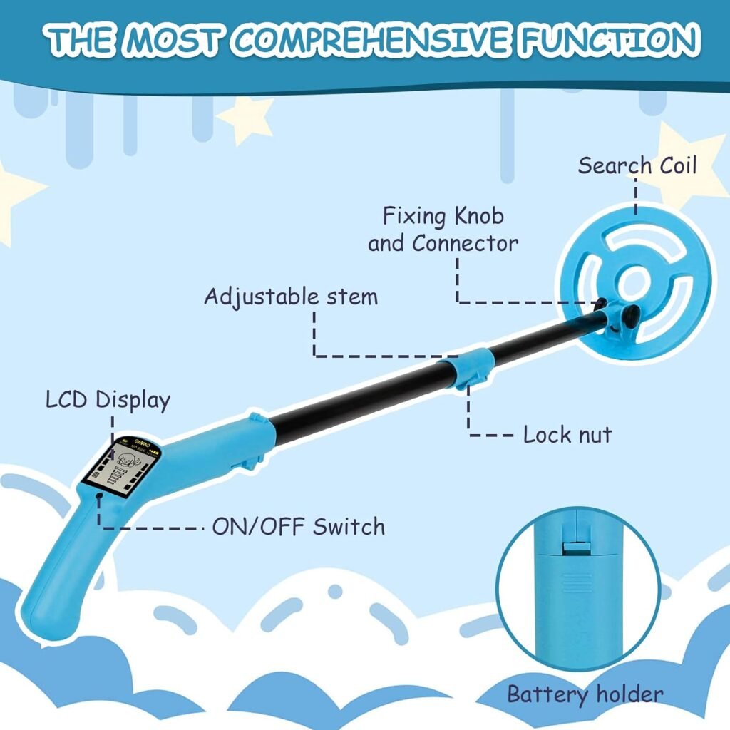 OMMO Kids Metal Detector, Adjustable 27.5"-37.8" with LCD Display (Azure)