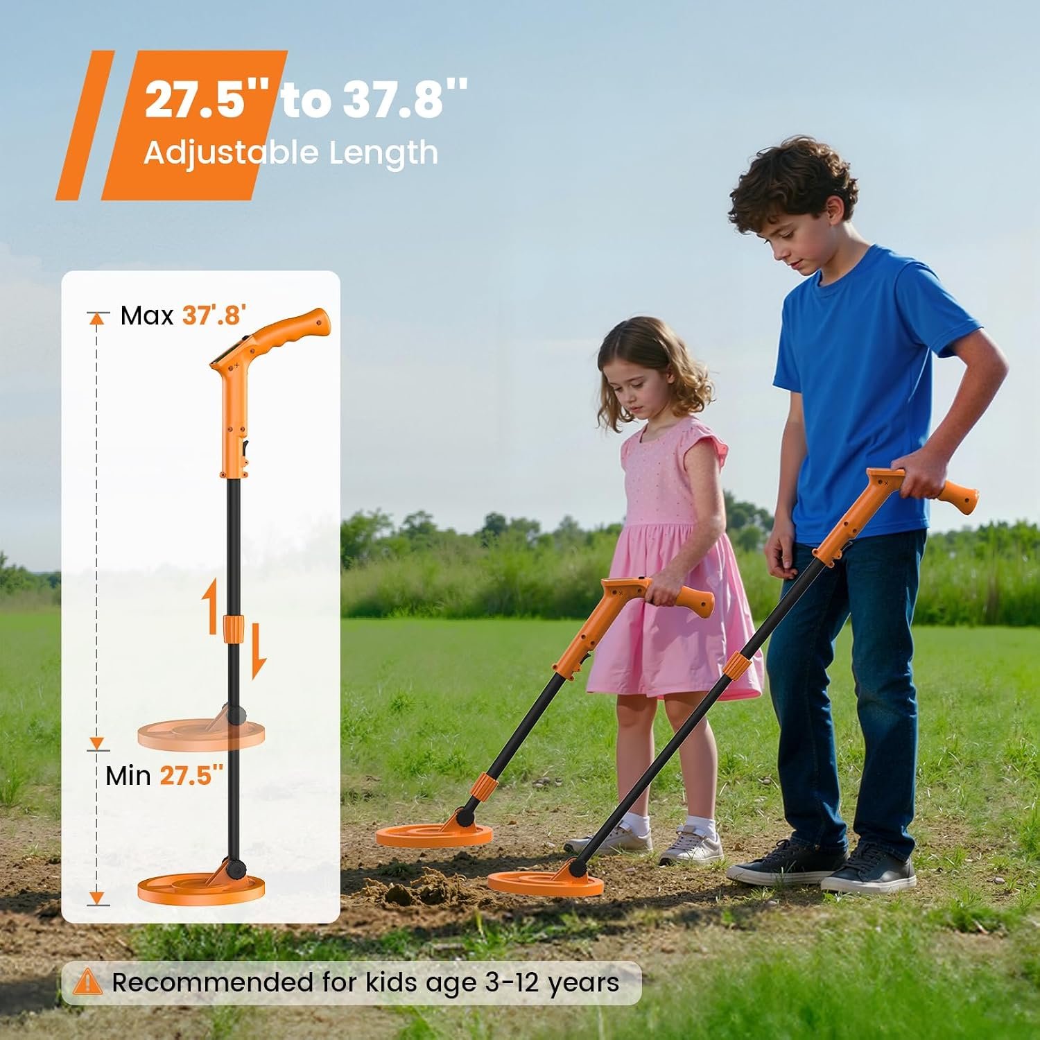 GoGonova Metal Detector, Adjustable 27.5” - 37.8” Metal Detector for Kids with LED Display, Lightweight Kids Metal Detector Kit with 6.8” Waterproof Search Coil, Gift for Boys & Girls, Orange - Image 6