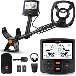 SUNPOW Professional Metal Detector for Adults - Pinpoint Accurate & Easy to Use - 12" Waterproof Coil, 2X Backlit LCDs, DSP Chip, 5 Modes - Adjustable (19"-59") for Beach, Field, Garden - Image 1