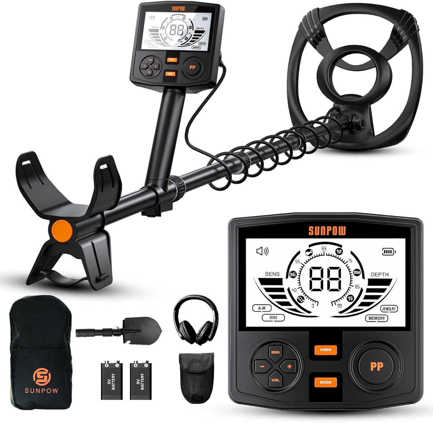 SUNPOW Professional Metal Detector for Adults - Pinpoint Accurate & Easy to Use - 12" Waterproof Coil, 2X Backlit LCDs, DSP Chip, 5 Modes - Adjustable (19"-59") for Beach, Field, Garden - Image 1