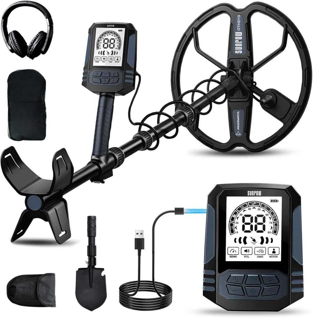 SUNPOW Professional Metal Detector for Adults - Pinpoint Accurate & Easy to Use - 12" Waterproof Coil, 2X Backlit LCDs, DSP Chip, 5 Modes - Adjustable (19"-59") for Beach, Field, Garden