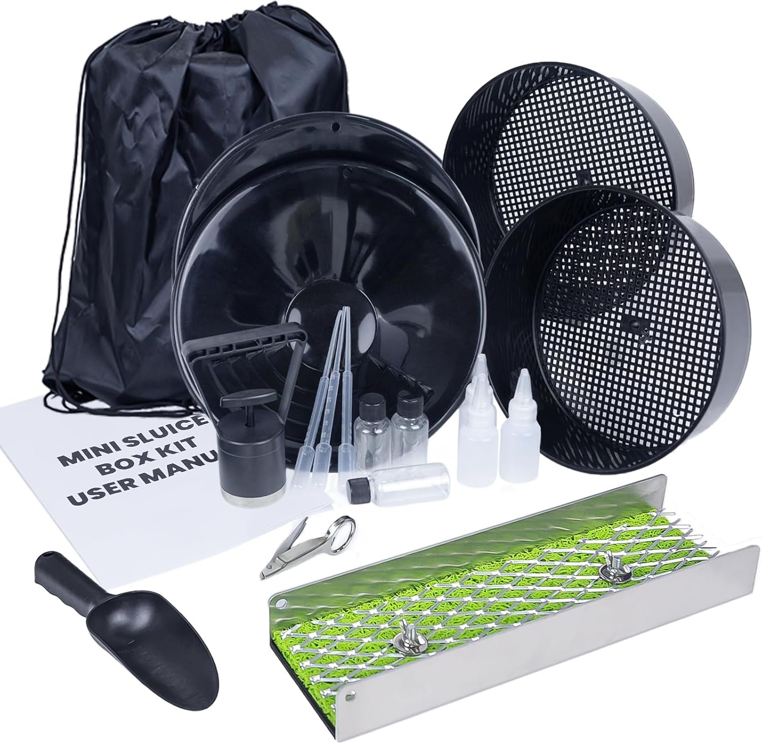 18pcs Mini Sluice Box Gold Panning Kit, Portable Aluminum Alloy Mining Equipment for Adults, Includes Gold Pan, Classifier Screen, Separating Magnet, Backpack & Accessories - Image 1