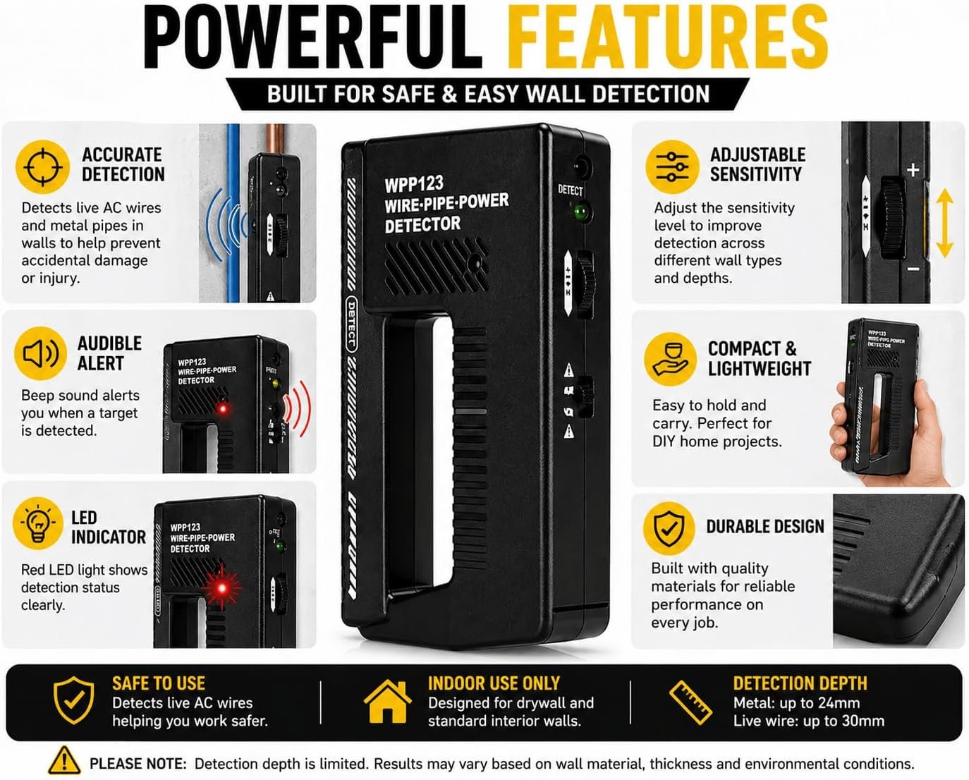 WPP123 Wire & Pipe Detector – Handheld Metal & Live AC Wire Scanner for Drywall with Sensitivity Control - Image 6