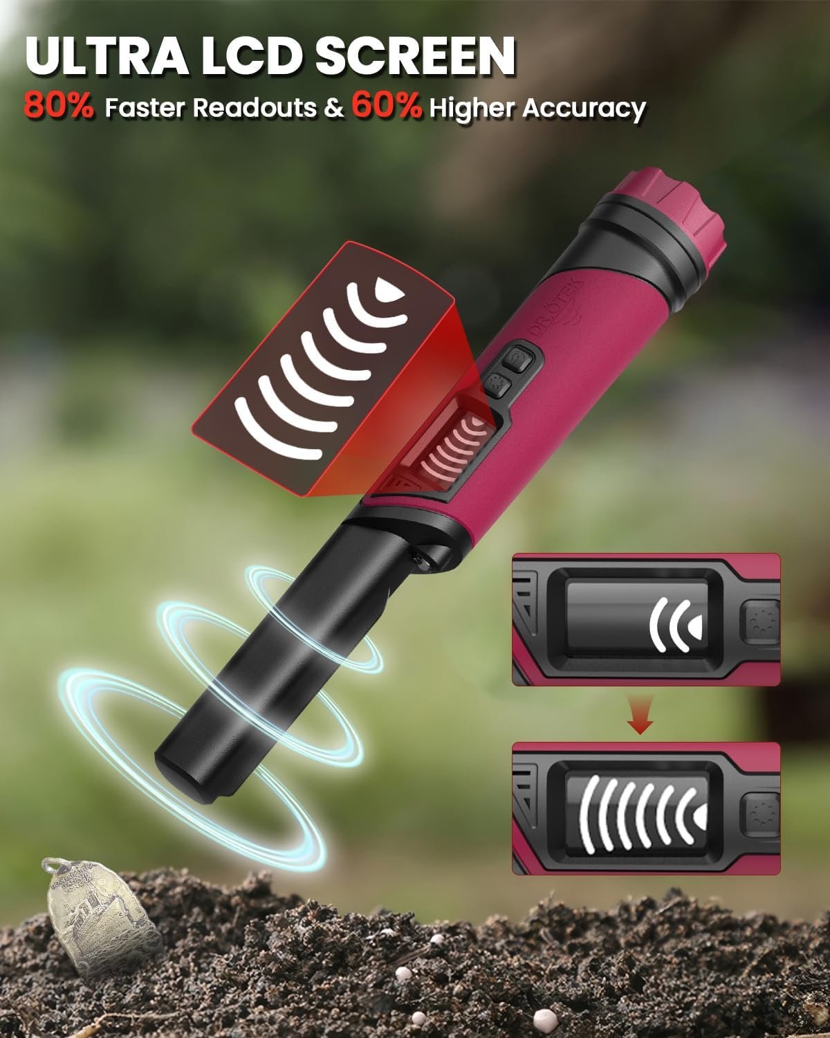 DR.ÖTEK Metal Detector Pinpointer, IP68 Fully Waterproof Underwater Pinpointer Metal Detector with LCD Screen & LED Light 360° Accurate High-Sensitivity Detection, Handheld Wand for Adults & Kids, Red - Image 3