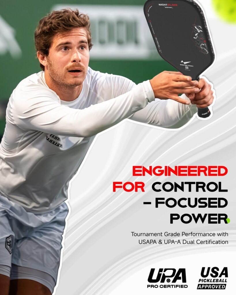 Nightblade Raw Carbon Fiber Pickleball Paddle, Foam Filled Polymer Honeycomb Core, UPA-A & USAPA Approved, Endura Friction Surface, Long Handle for Two Handed Backhand, Enhanced Impact Feel & Spin