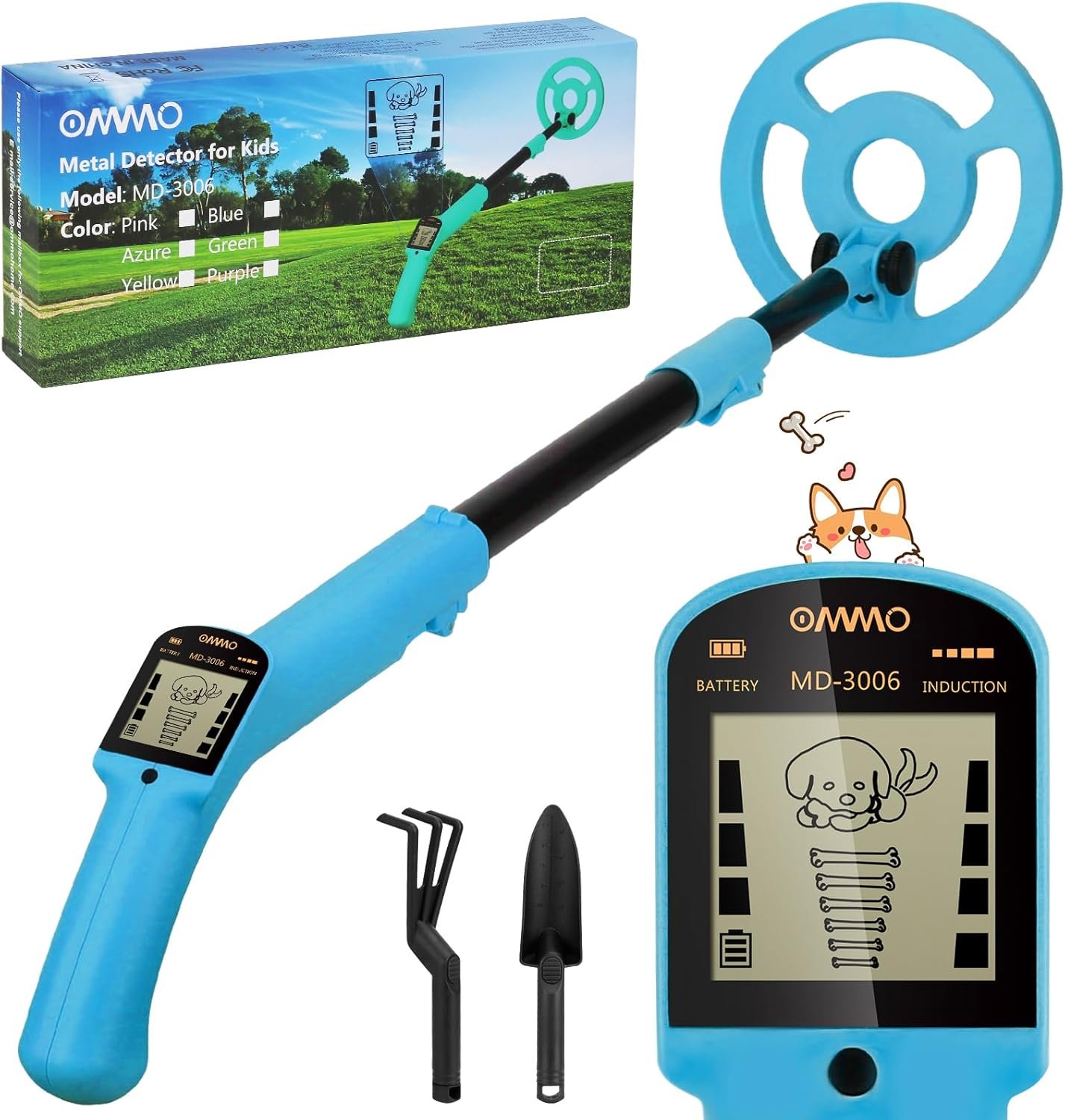 OMMO Kids Metal Detector, Adjustable 27.5"-37.8" with LCD Display (Azure) - Image 1