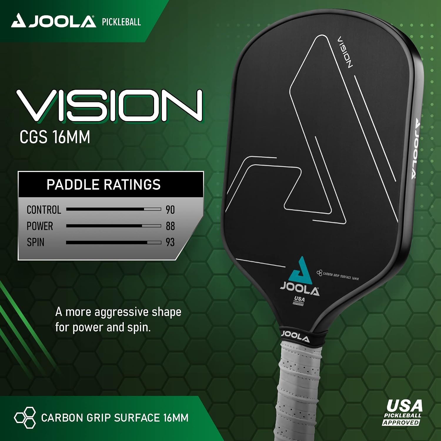 JOOLA Vision Pickleball Paddle with Textured Carbon Grip Surface Technology for Maximum Spin and Control with Added Power - Polypropylene Honeycomb Core Pickleball Racket 16mm - Image 2