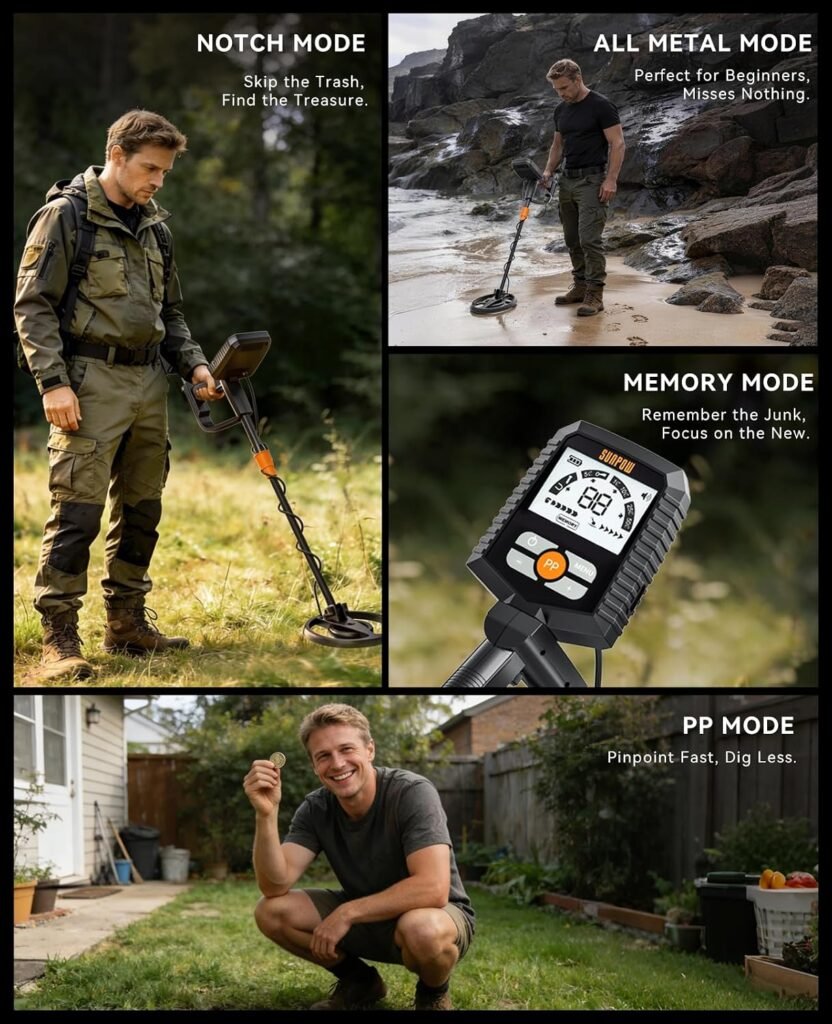 SUNPOW Metal Detector for Adults & Kids – Easy to Use & Assemble, Lightweight & Fun for Family Activities – Waterproof 8" Coil, 4 Modes, Bigger LCD – Great Value Metal Detector Kit, MD13