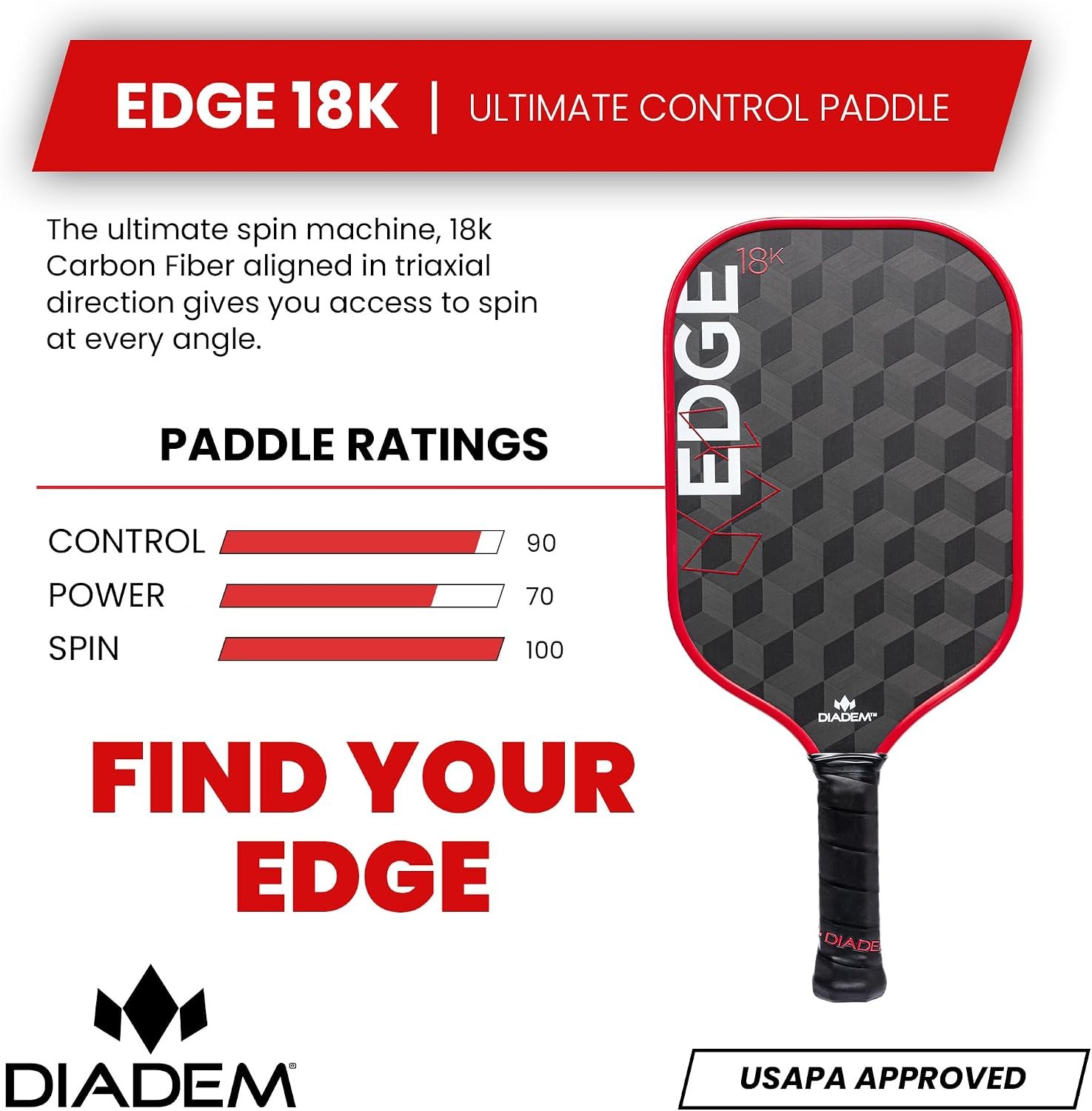 Diadem Edge 18K Pickleball Paddle Series | USAPA Approved, 18K Carbon Fiber Face for Unmatched Spin & Control, Durable Edge Shield Pro | Multiple Colors & Styles - Image 2