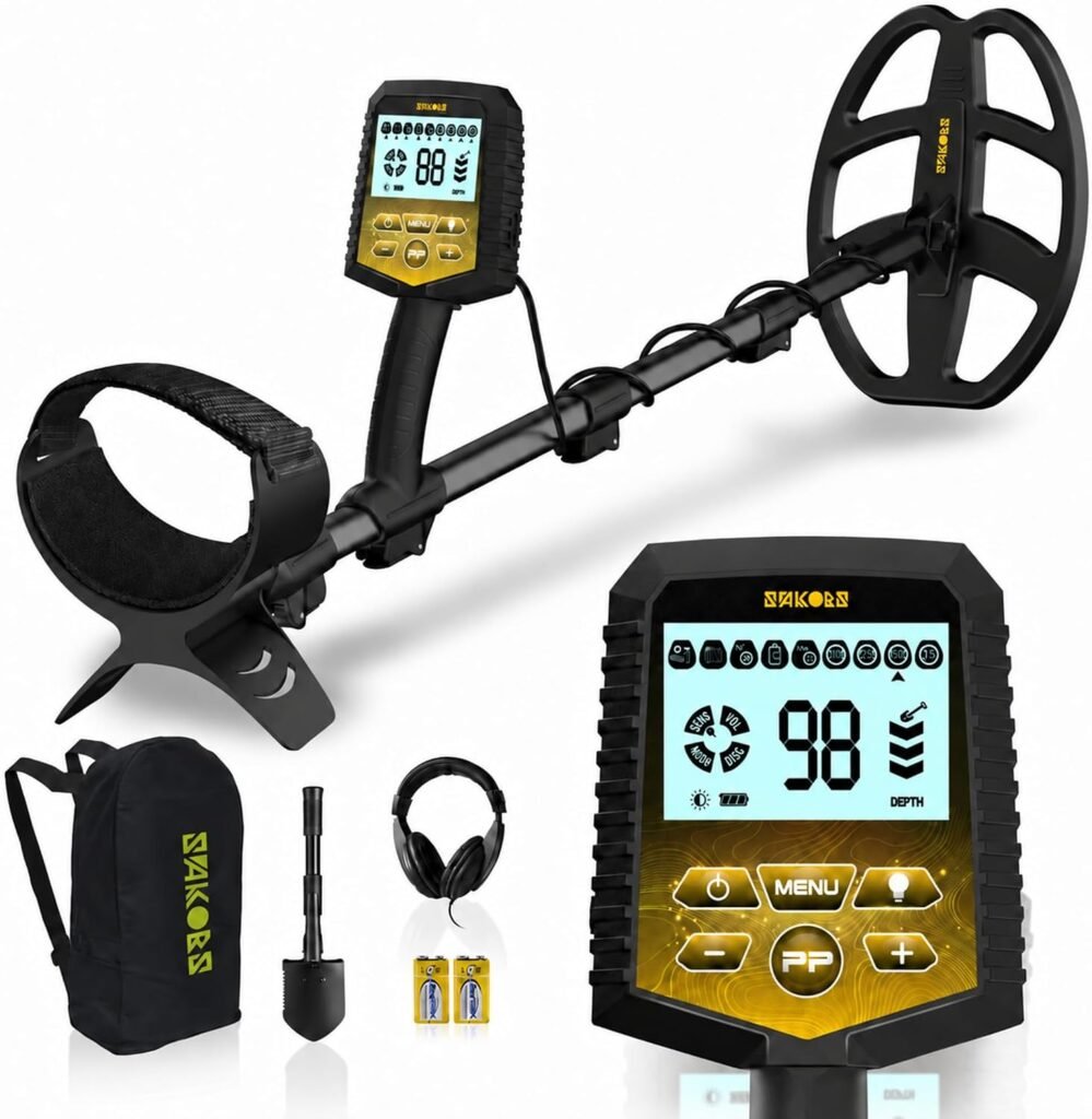 SAKOBS Metal Detector for Adults, Professional Foldable Waterproof Metal Detector with 11" IP68 DD Coil, Backlit LCD Target ID, 12.8" Deep Search Gold Detector, Lightweight Beach Metal Detector