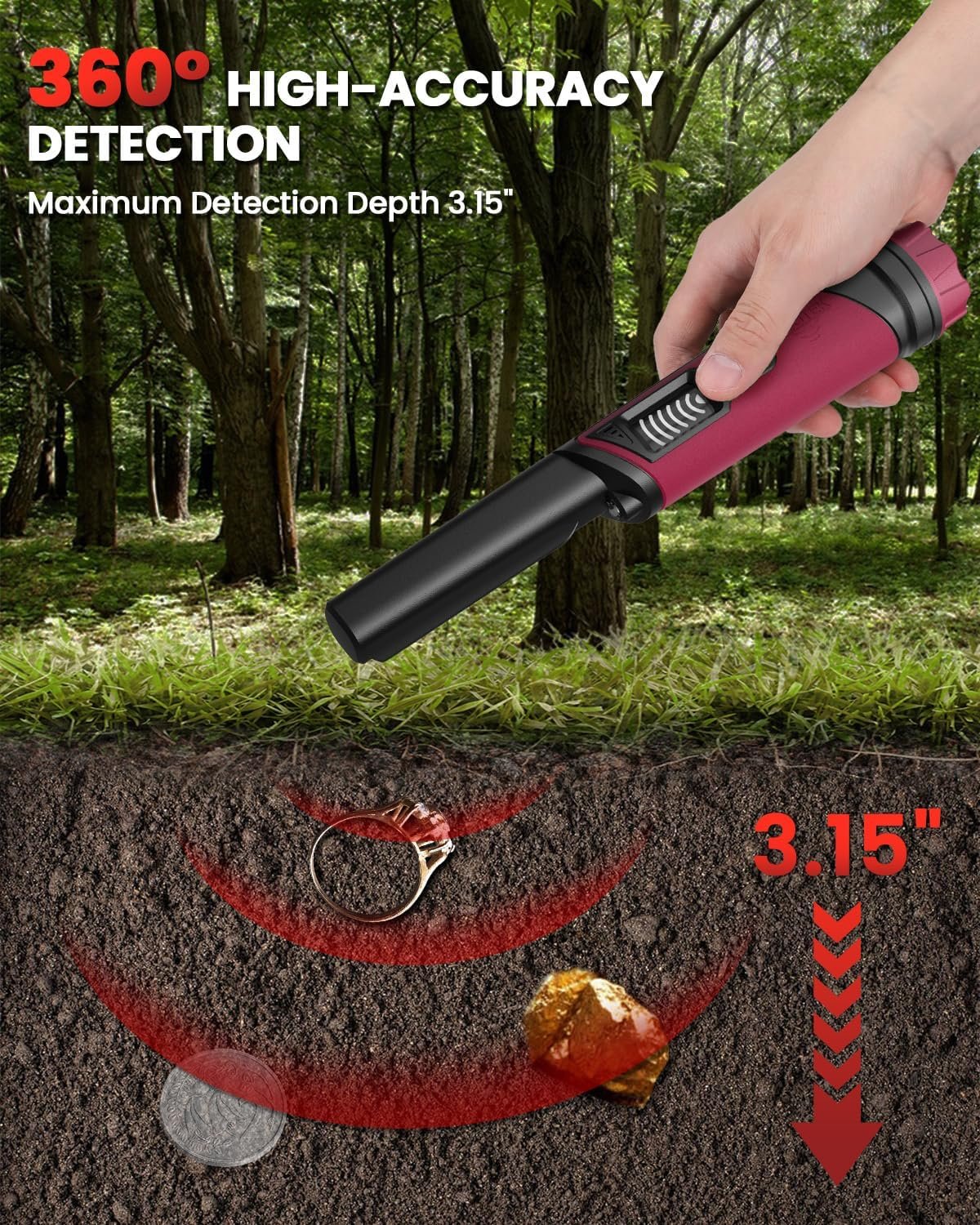 DR.ÖTEK Metal Detector Pinpointer, IP68 Fully Waterproof Underwater Pinpointer Metal Detector with LCD Screen & LED Light 360° Accurate High-Sensitivity Detection, Handheld Wand for Adults & Kids, Red - Image 2