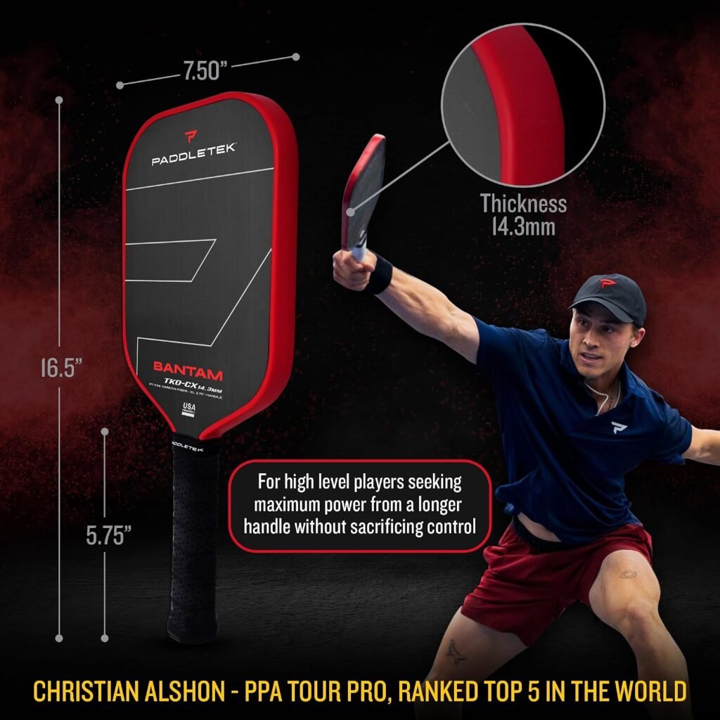 Paddletek Bantam TKO-CX 14.3mm Pickleball Paddles with Polymer Honeycomb Core - Unidirectional Carbon Fiber – Torsional Weighting & High Tack Performance Grip - USAPA Approved - 5.75 Inch Handle