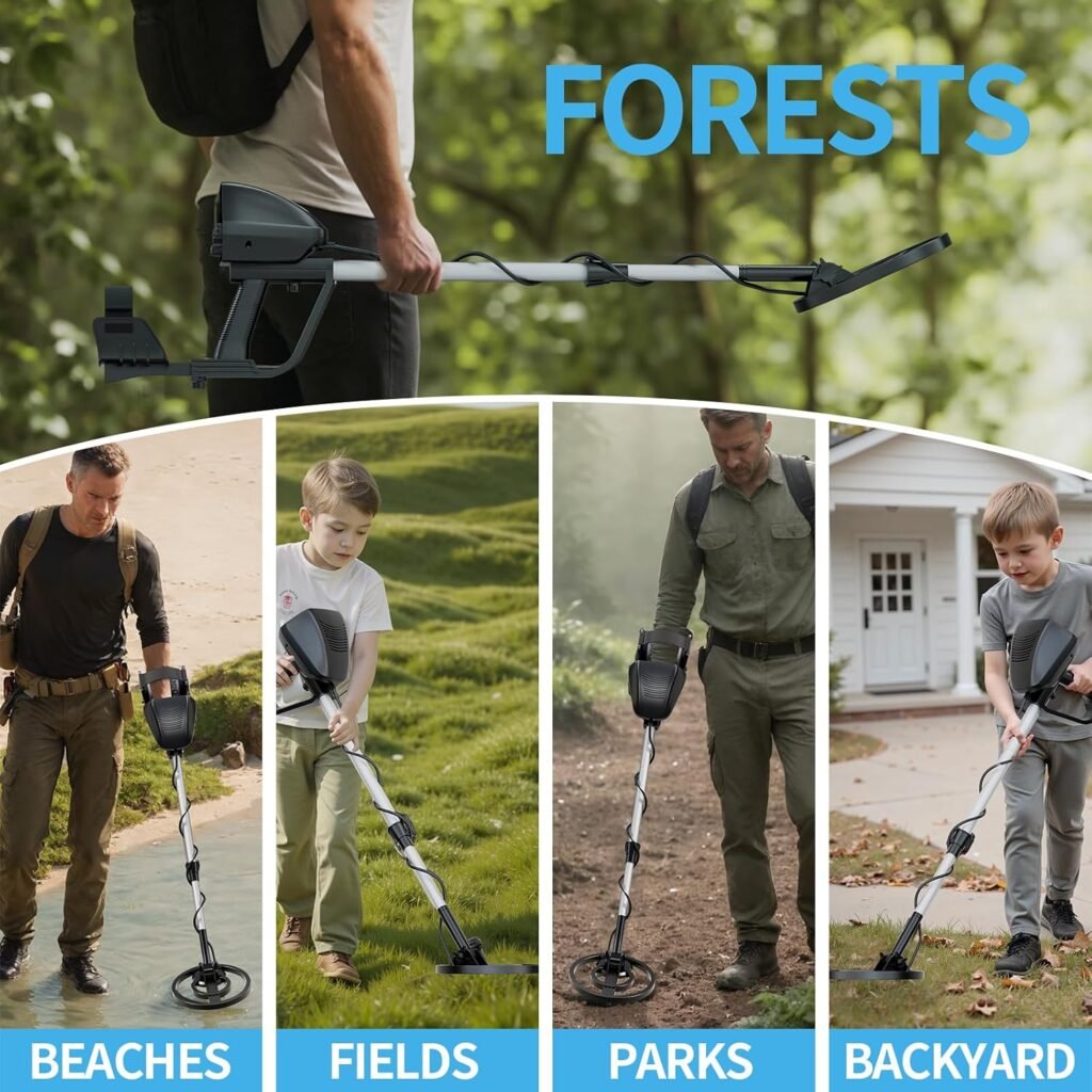 JUANGU Metal Detector for Adults & Kids - Lightweight 2.8lbs with 8" Search Coil, Adjustable Stem for Beach, Gold & Coin Hunting with Headphones - Easy to Use for Beginners, Gift for Boys & Girls