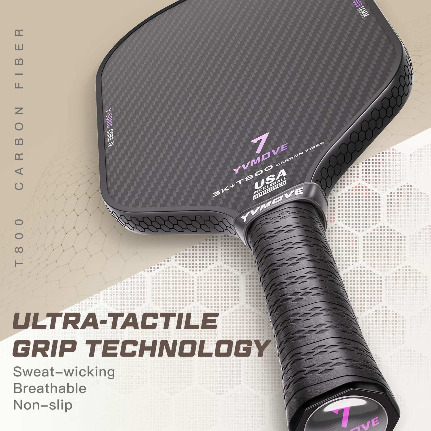 YVmove 16mm 18K T800 Carbon Fiber Pickleball Paddle, USAPA Approved - Image 4