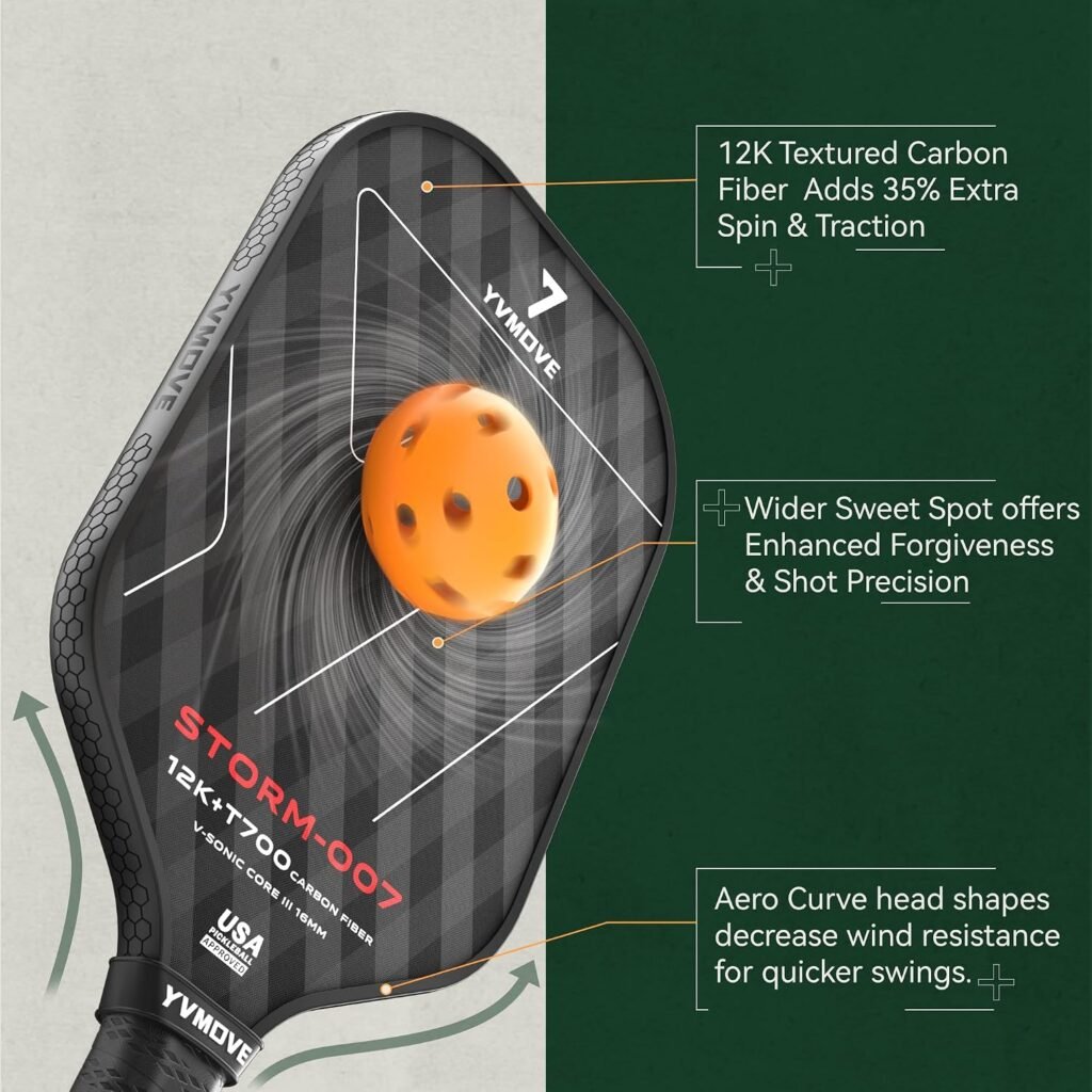 YVmove 16mm Kevlar T700 Carbon Fiber Pickleball Paddle, USAPA Approved