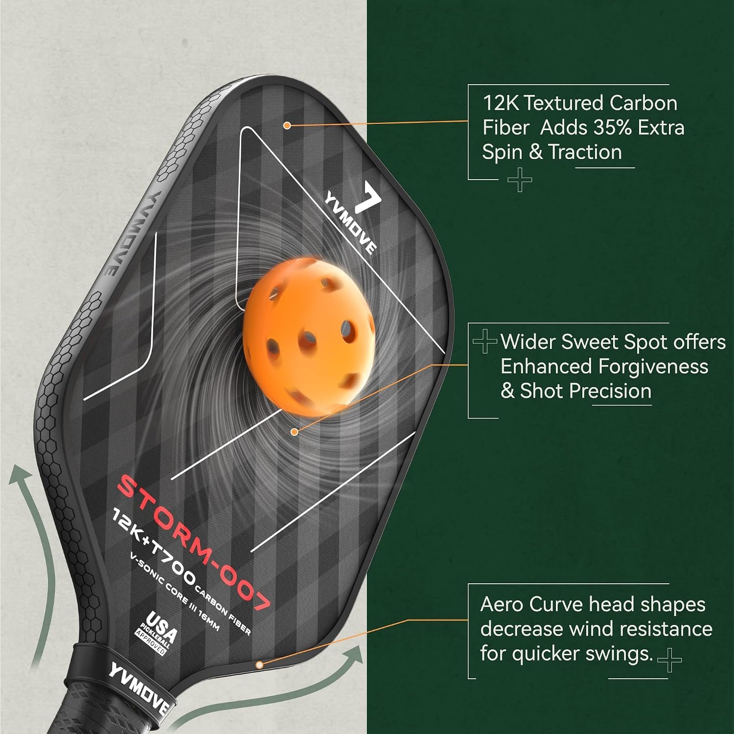 YVmove 16mm Kevlar T700 Carbon Fiber Pickleball Paddle, USAPA Approved - Image 5