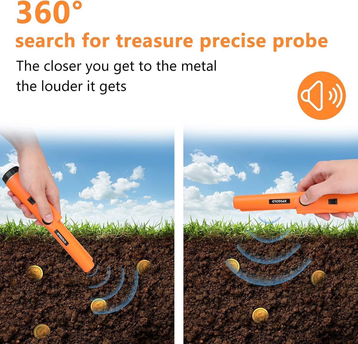 Metal Detector Pinpointing,Waterproof Pinpointer 360 Degree Search Gold&Treasure Finder with Belt Holster &LED Indicator& Buzzer Vibration, for Adults and Kids (Orange) - Image 3