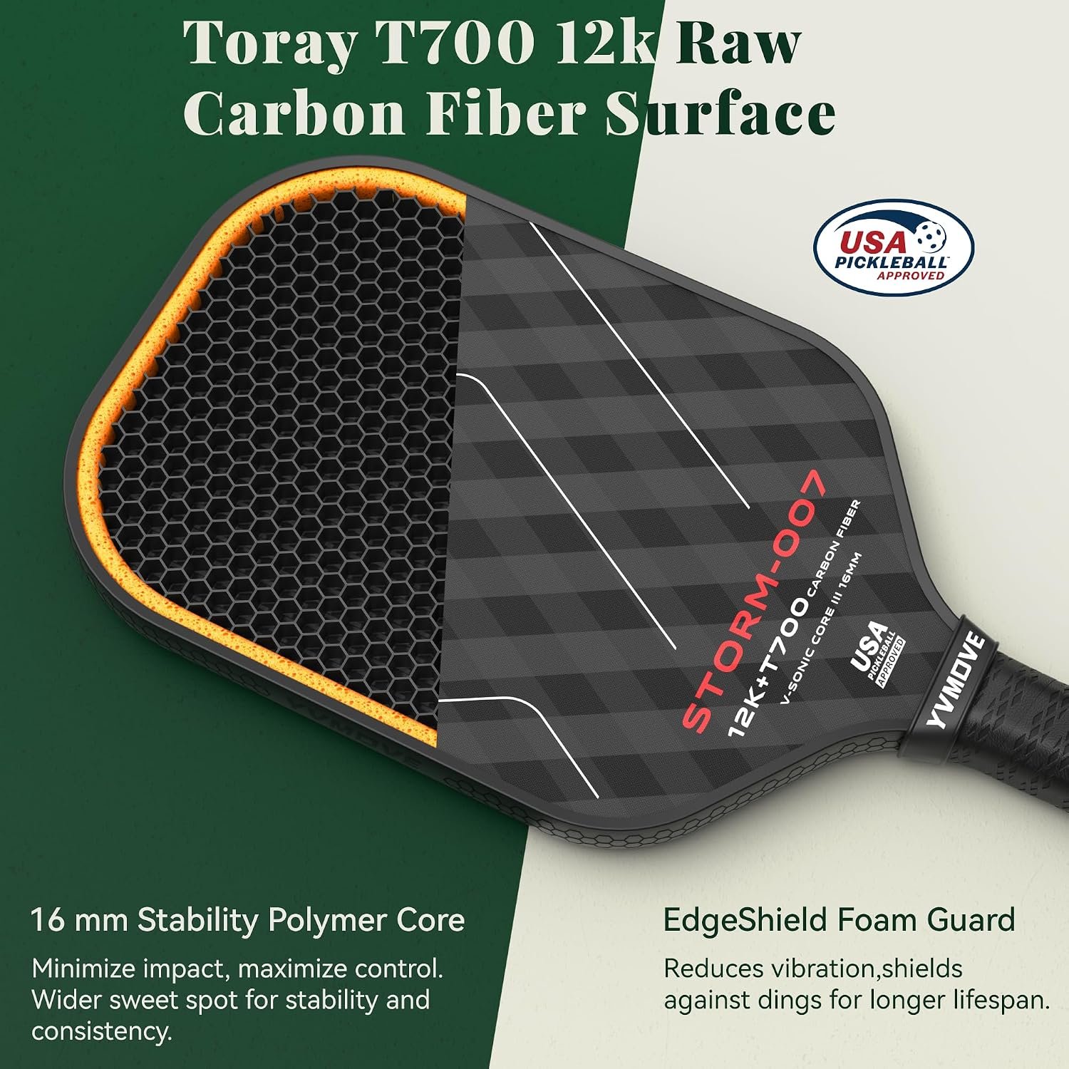 YVmove 16mm Kevlar T700 Carbon Fiber Pickleball Paddle, USAPA Approved - Image 3