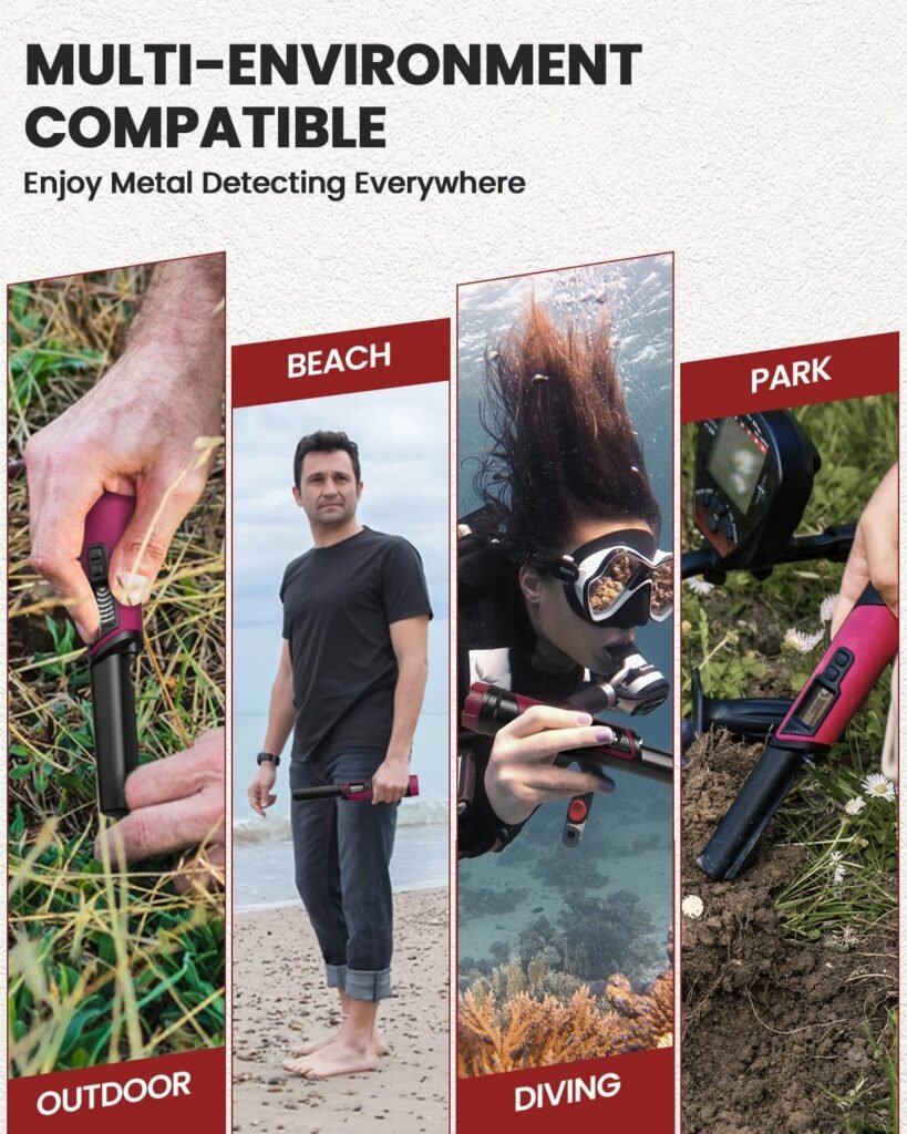 DR.ÖTEK Metal Detector Pinpointer, IP68 Fully Waterproof Underwater Pinpointer Metal Detector with LCD Screen & LED Light 360° Accurate High-Sensitivity Detection, Handheld Wand for Adults & Kids, Red