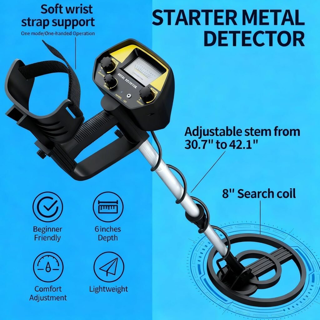 JUANGU Metal Detector for Adults & Kids - Lightweight 2.8lbs with 8" Search Coil, Adjustable Stem for Beach, Gold & Coin Hunting with Headphones - Easy to Use for Beginners, Gift for Boys & Girls